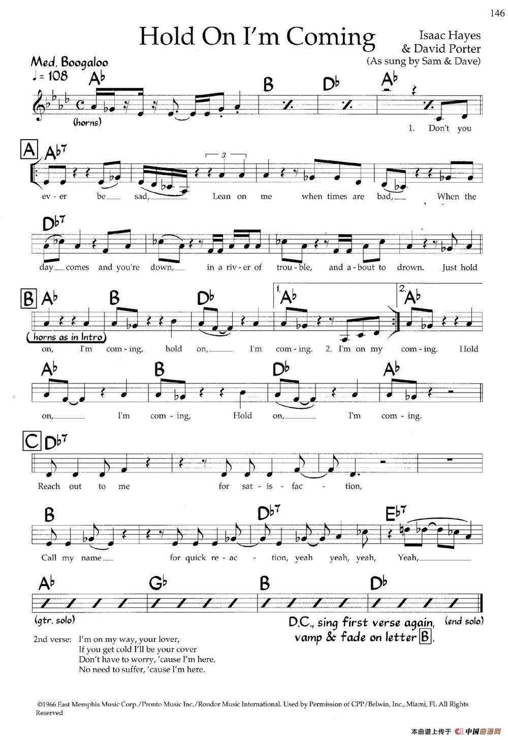 午夜男女自慰在线观看 Hold On I'm Coming（带和弦五线谱）