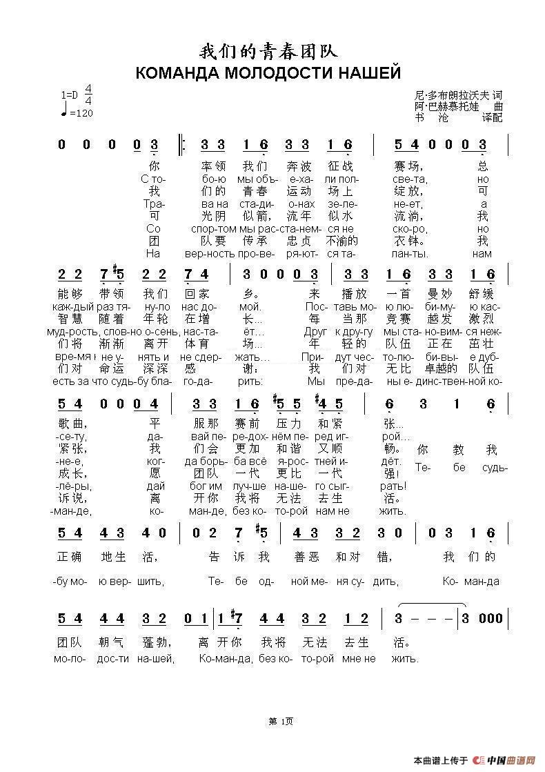 我们的青春团队КОМАНДА МОЛОДОСТИ НАШЕЙ（中俄简谱）